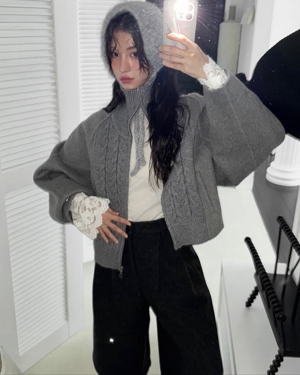 カットソー ケーブル編みハイネックニットカーディガン