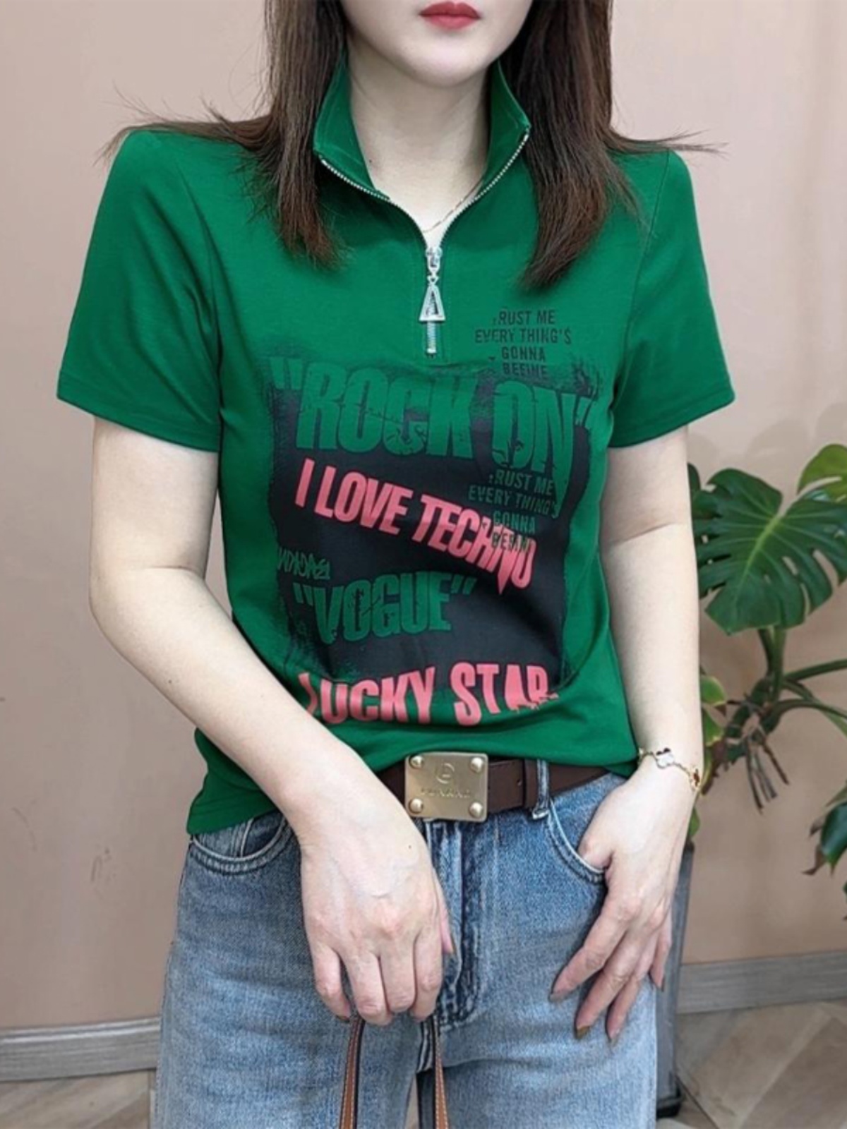 カットソー スタンドカラー ロックメッセージ 半袖