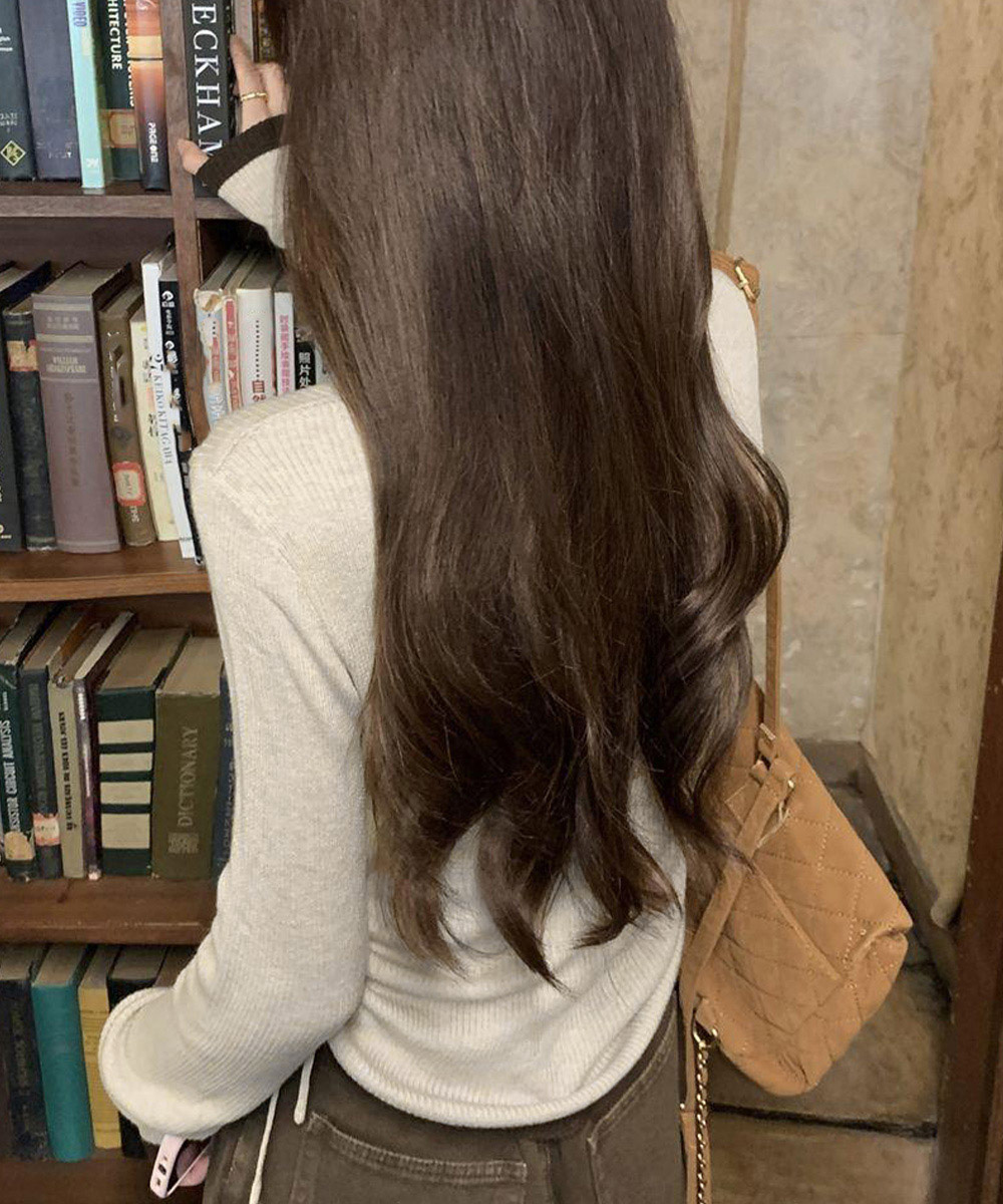 配色重ね着風長袖カットソー韓国風リブニット