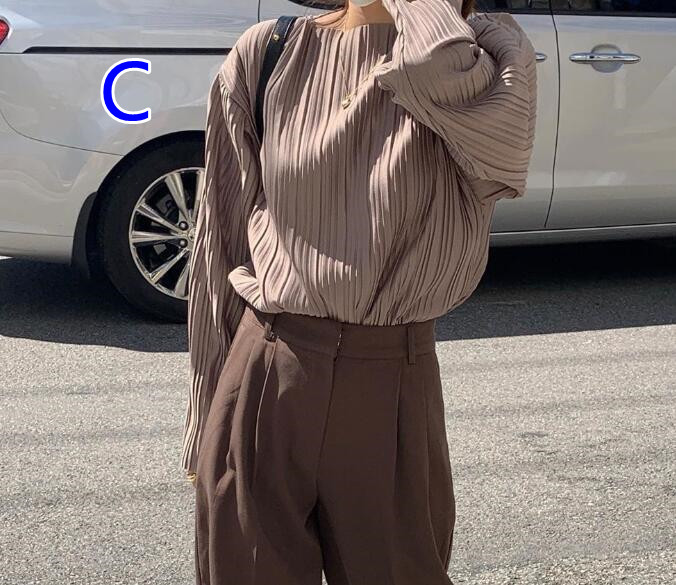 秋服 ボートネック プリーツ長袖カットソー レディース