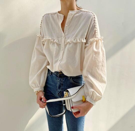 カットソー 秋服フリル長袖ブラウス丸襟レディース