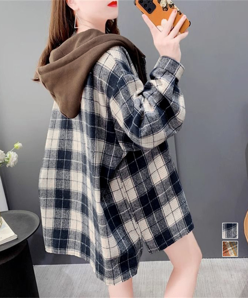 カットソー チェック柄長袖フード付き重ね着風シャツ