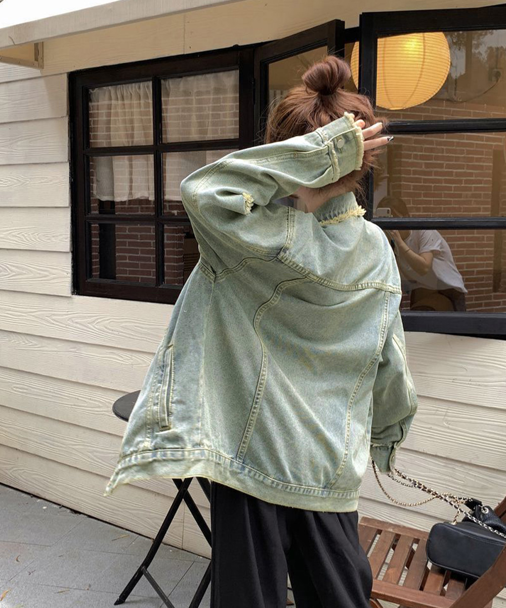 カットソー 切りっぱなし裾加工長袖デニム上着