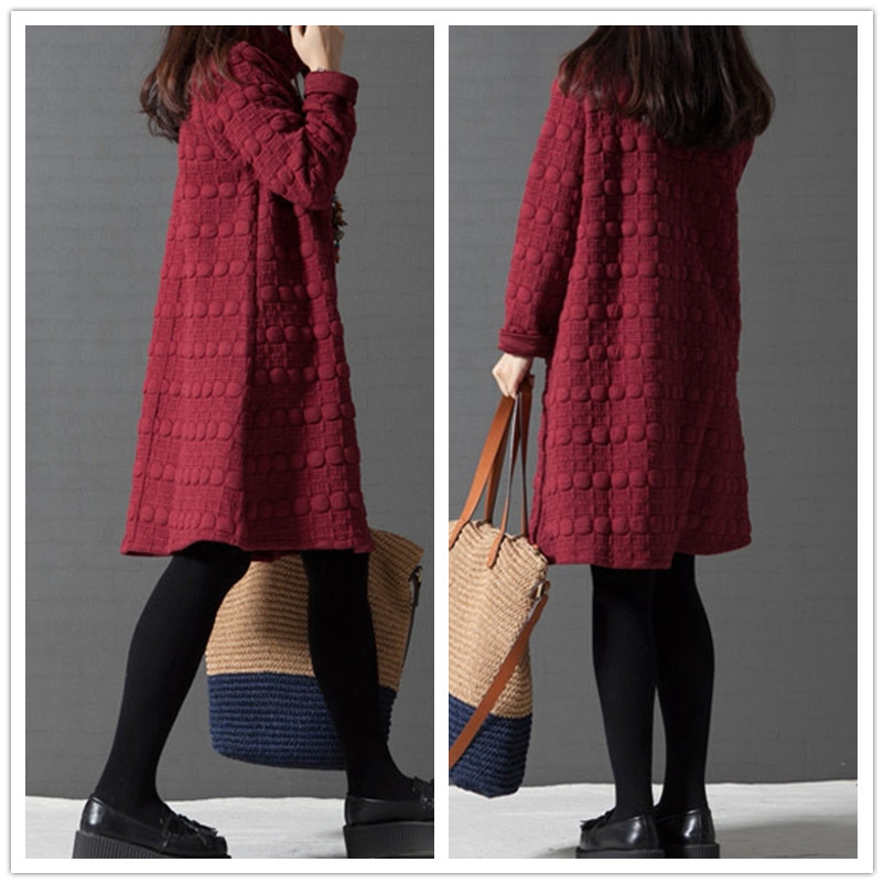 カットソー 秋冬ハイネックワンピース厚手長袖ゆったり体型カバー