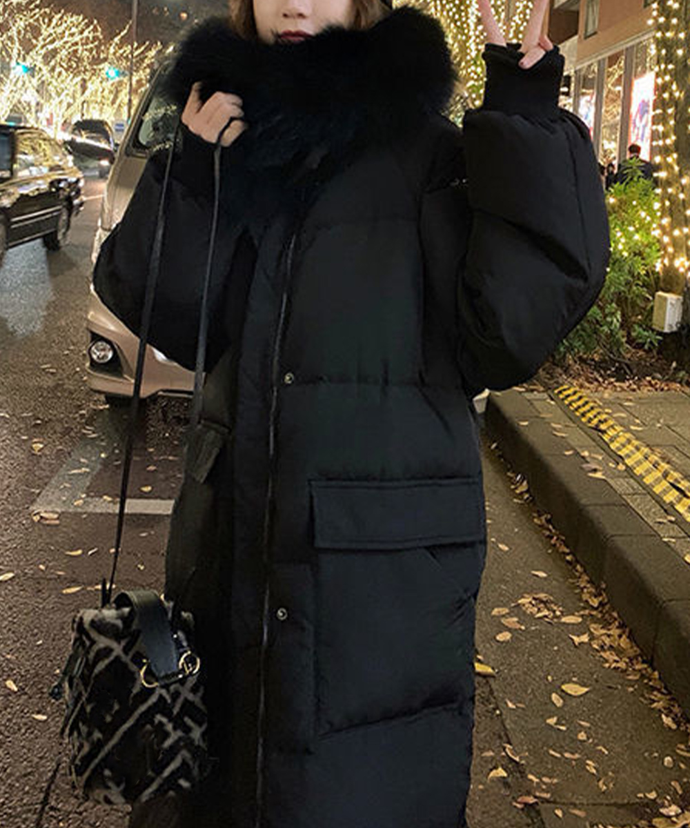 カットソー 長袖中綿入りフード付きロング丈防寒コート