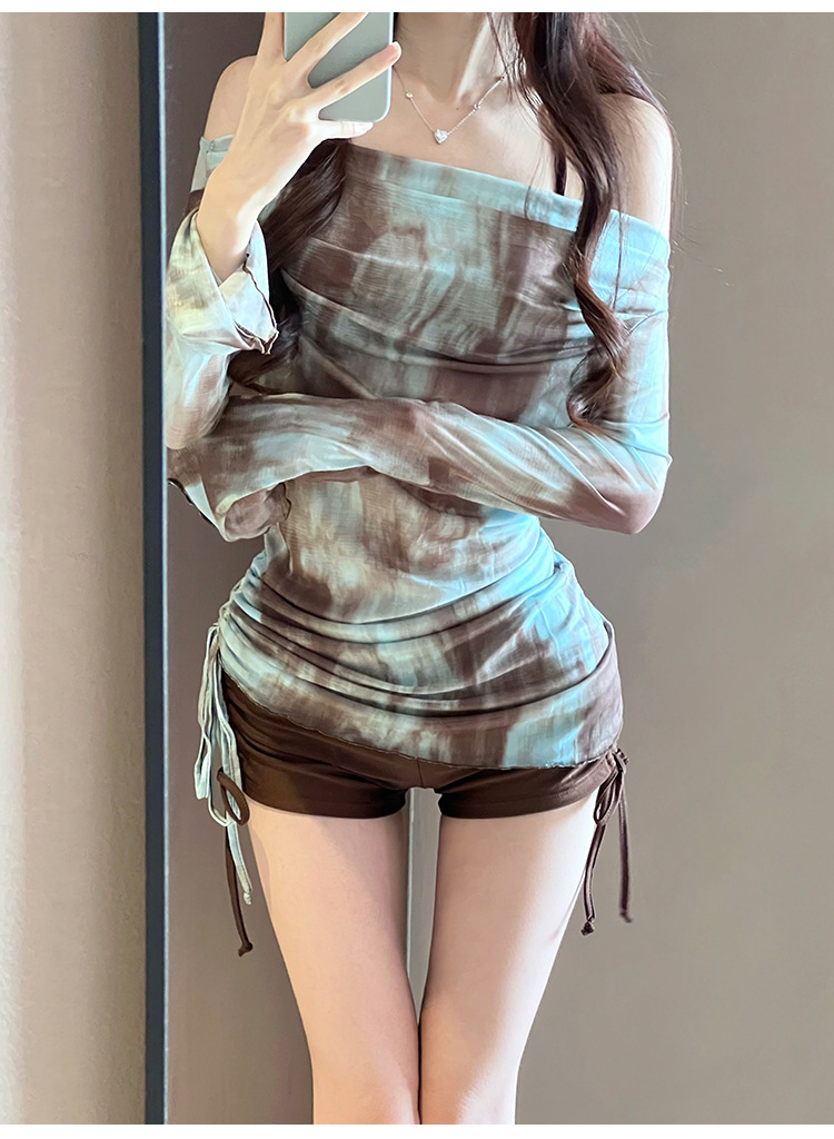 カットソー ボートネック タイダイ柄 ドロスト水着 体型カバー 3点セット