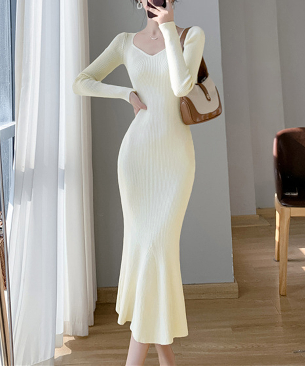 カットソー 長袖ニットワンピース 人魚姫シルエット ロング丈