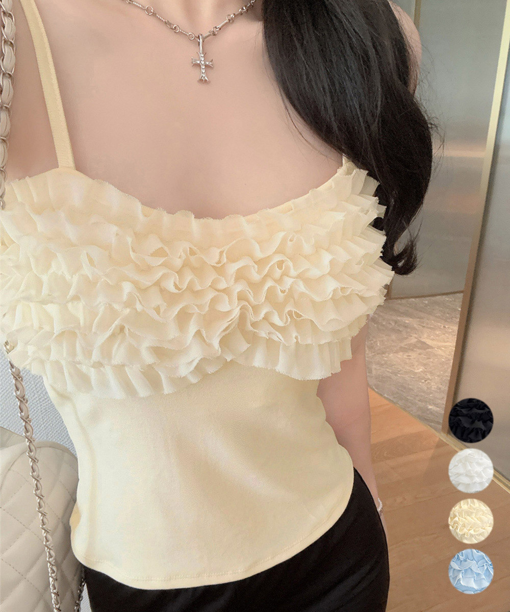 カットソー 胸元フリル付きカップインノースリーブキャミソール