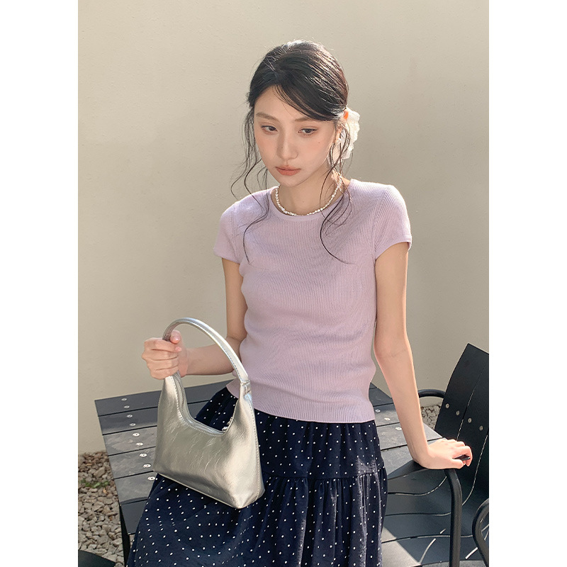 カットソー すっきり上品リブ編み半袖トップス