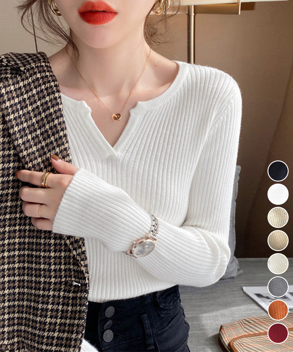 Vネック リブニット 長袖カットソー