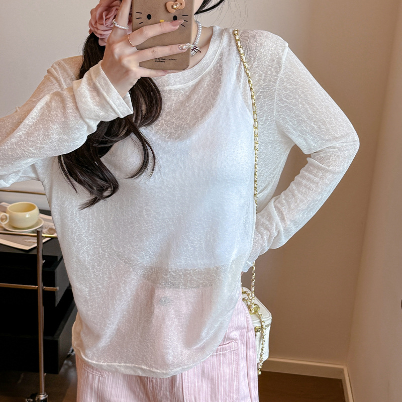 カットソー 透け感シアー素材長袖カットソー