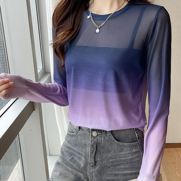 新作 透け感シアー長袖カットソー グラデーション薄手丸首