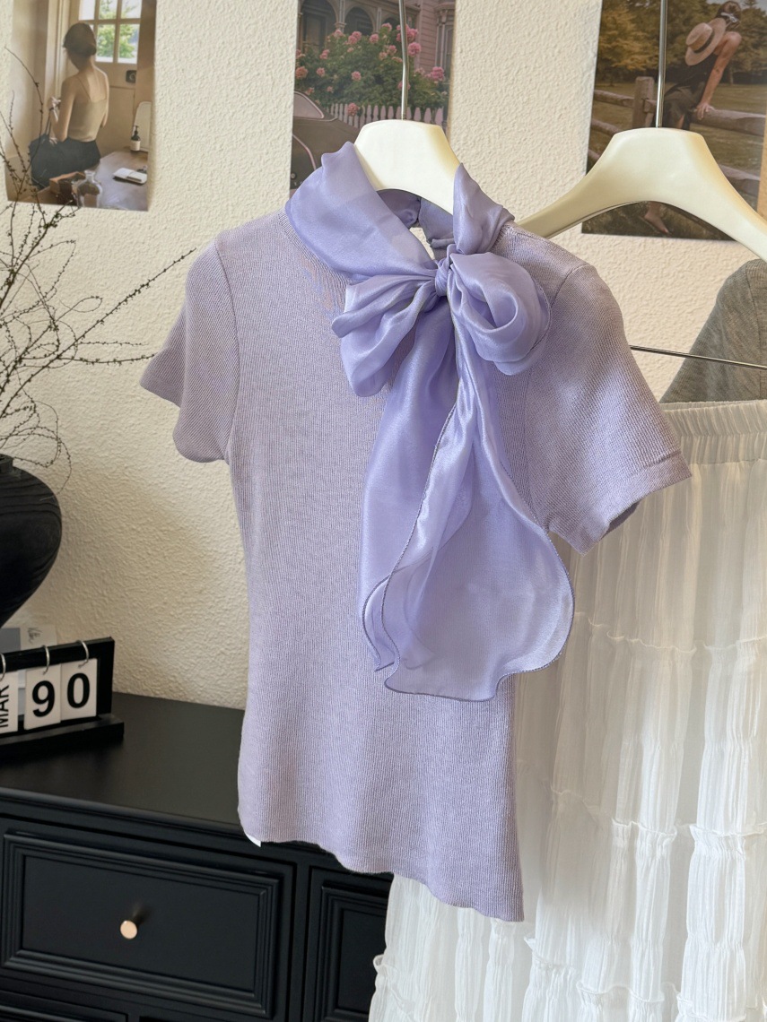 カットソー シフォンスカーフ付きリブカットソー