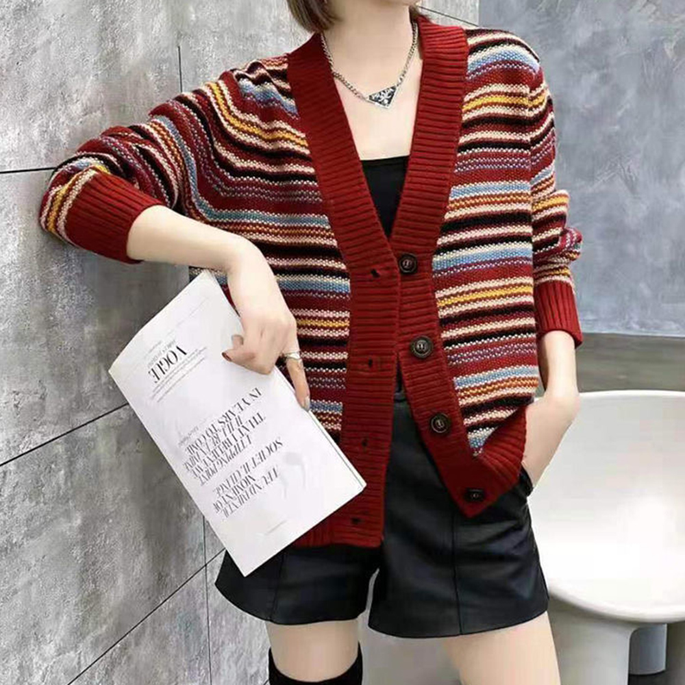 カットソー 配色ボーダーVネックニットカーディガン韓国風レディース