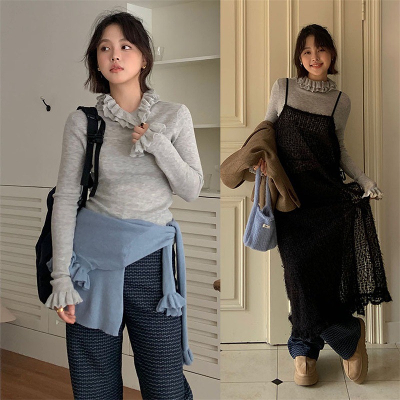 レディース長袖フリルネックニットカットソー