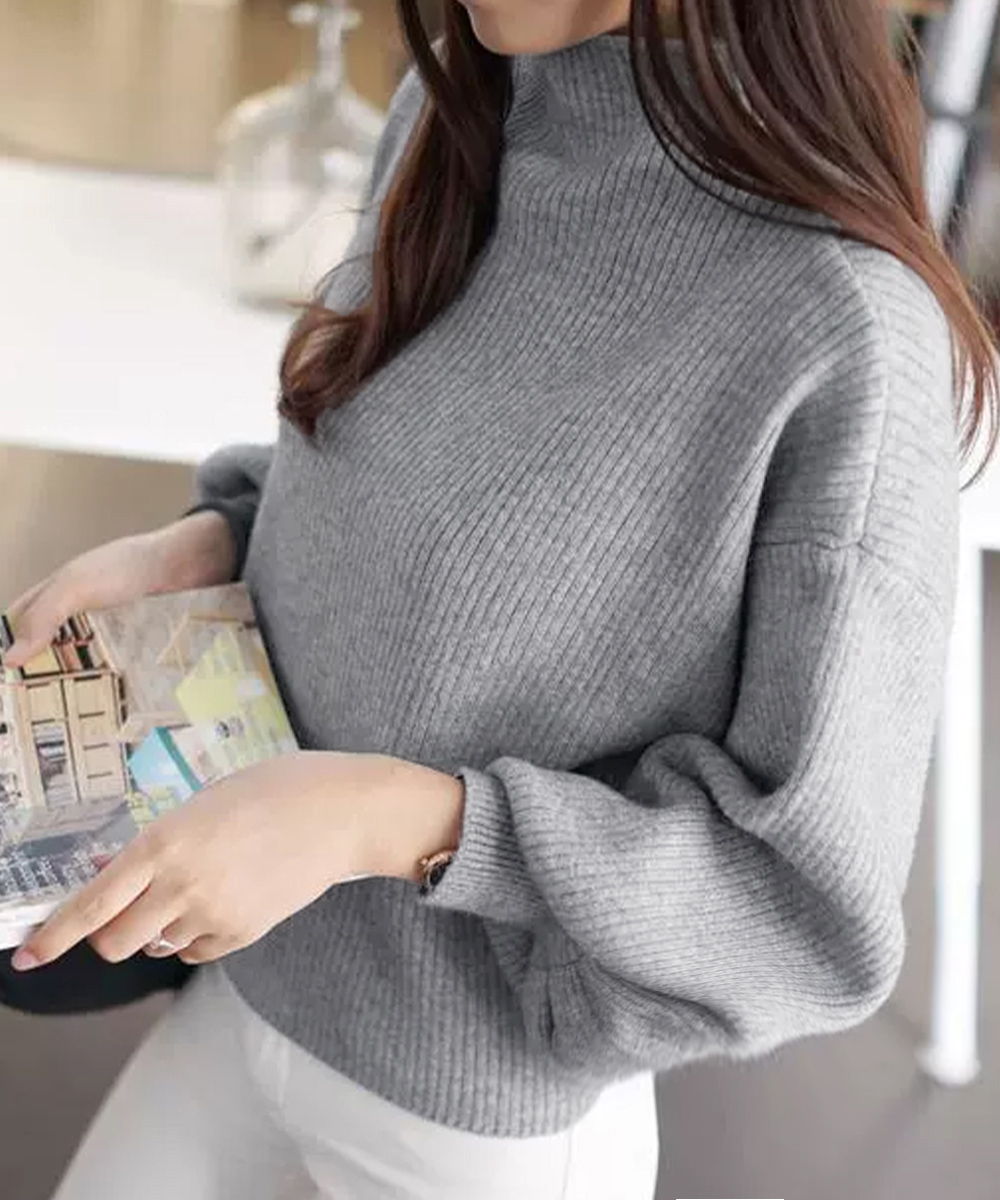 カットソー ハイネックリブニットセーター韓国風ボリューム袖