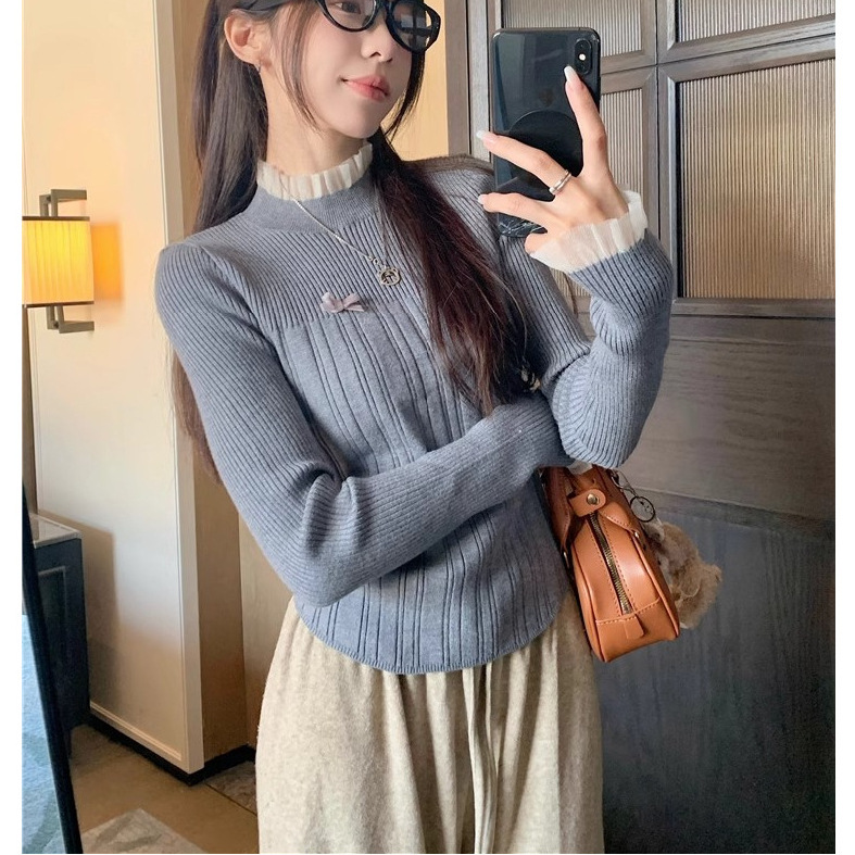 カットソー レディース長袖ハイネックニットセーター上品リブ編みトップス