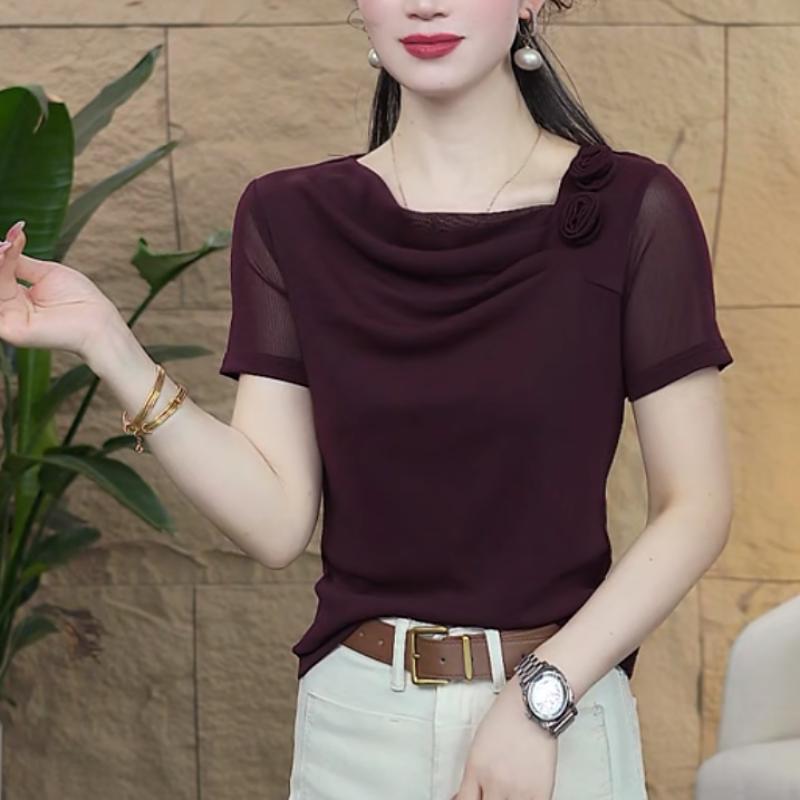 カットソー 優雅なドレープ花飾りボートネック