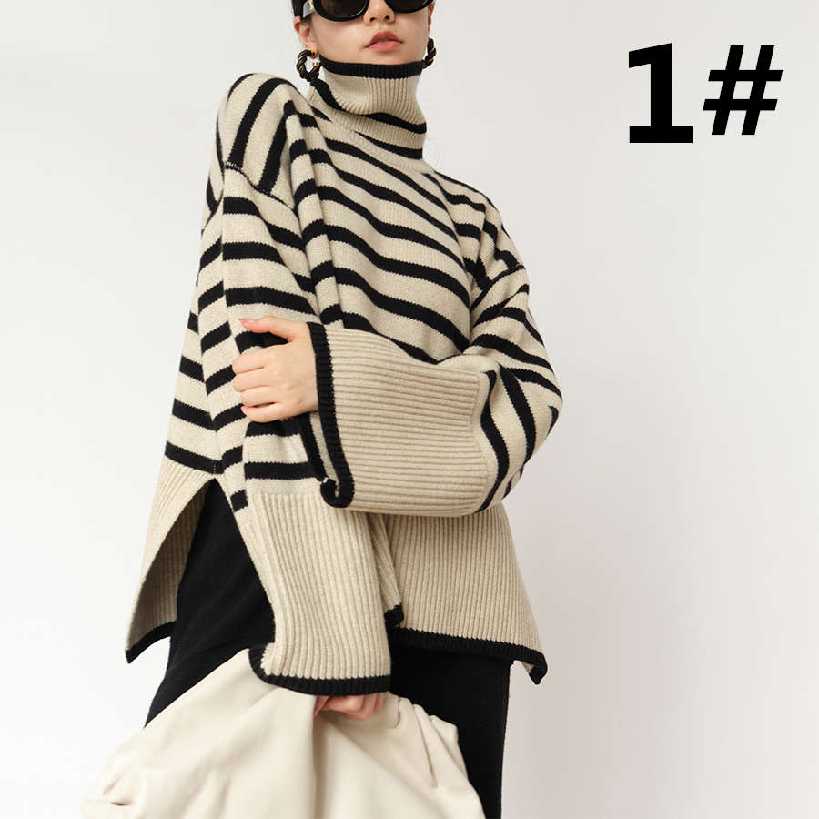 カットソー ハイネックストライプニット 厚手セーター 体型カバー レディース