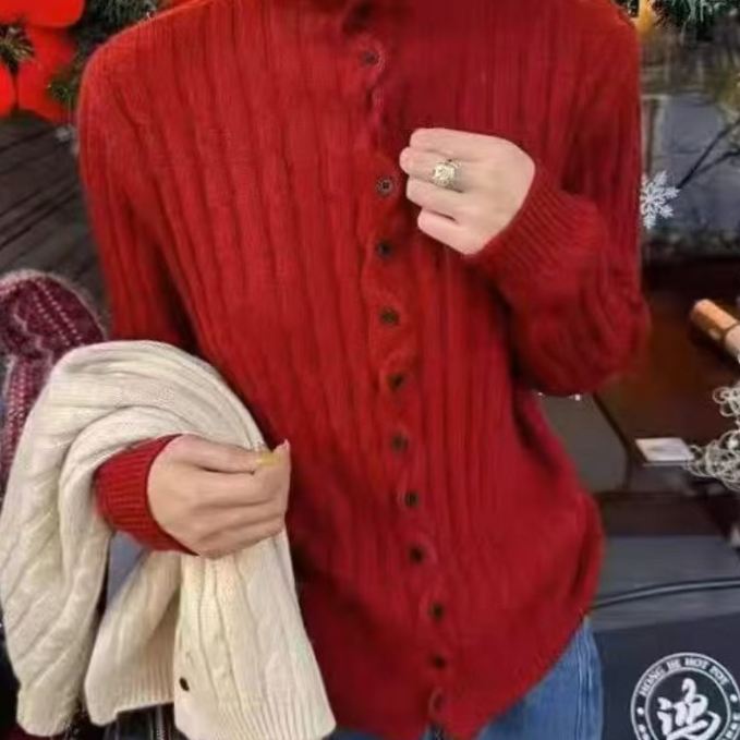 カットソー 2025新作 レディース ハイネック リブニット セーター ボタン付き