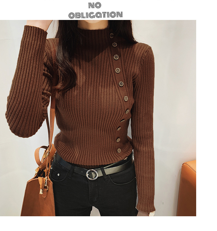 カットソー 2025新作 レディース ハイネック リブニット ボタン セーター