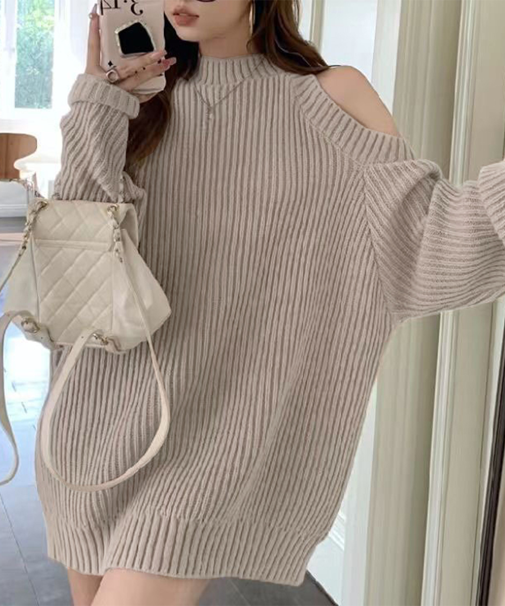 カットソー ハイネック肩あきニットワンピース短め丈