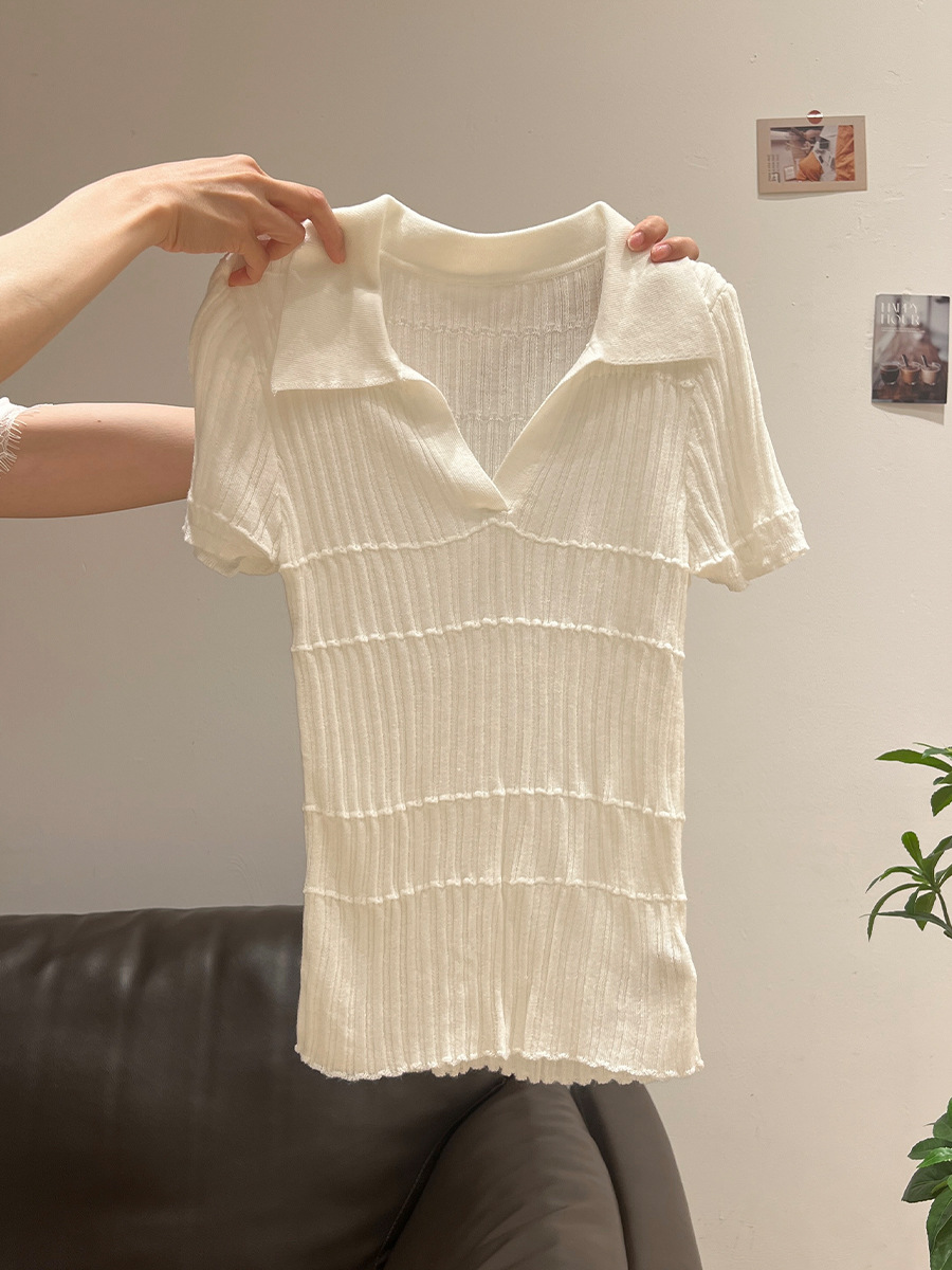 カットソー 上品リブ編みポロ風Vネックカットソー