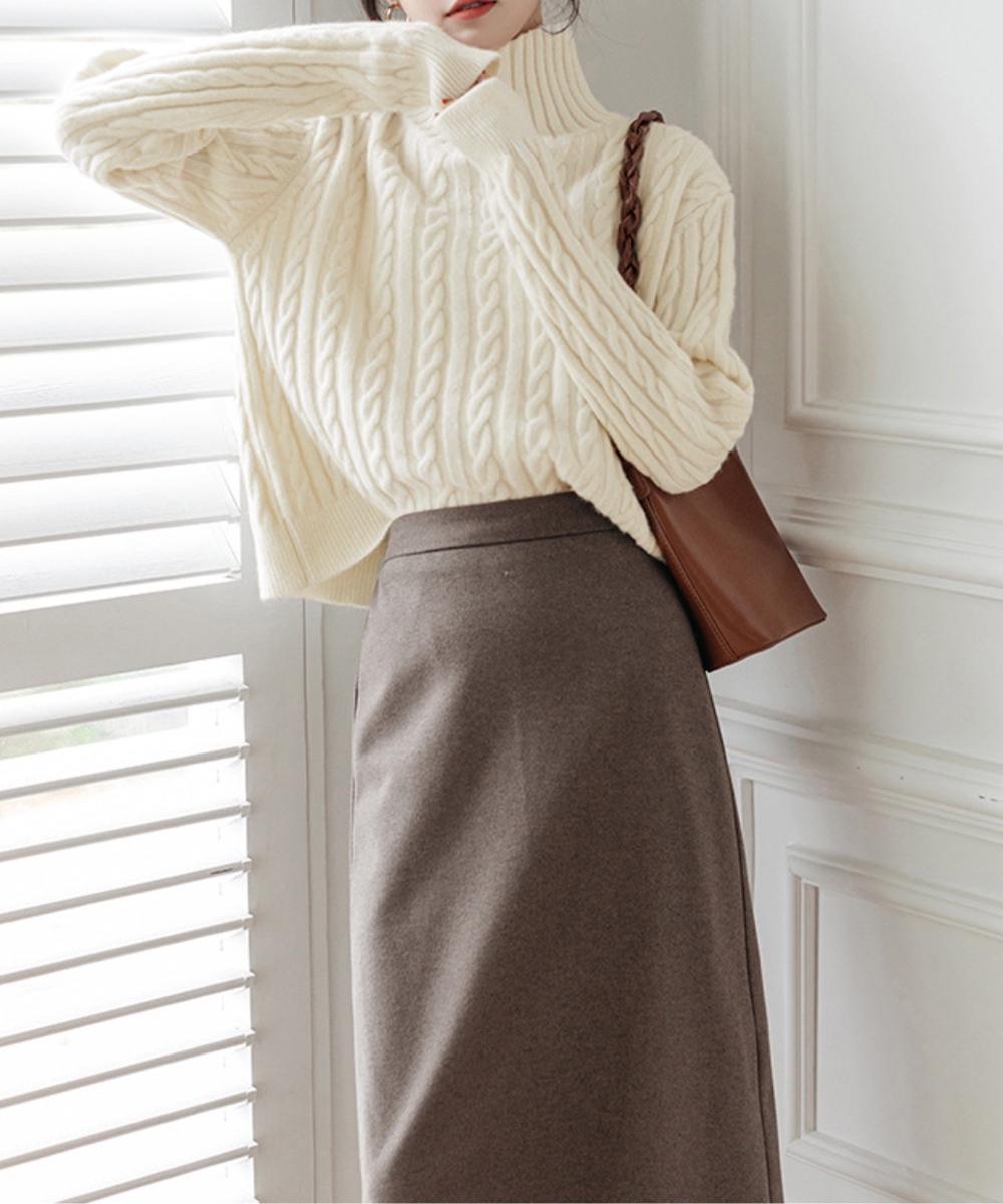 カットソー ケーブル編みタートルネックニットセーター