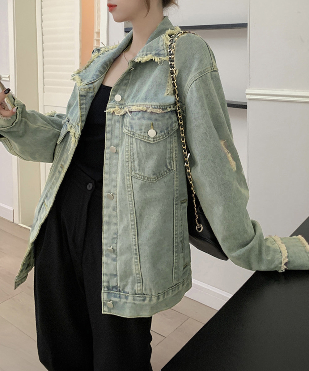 カットソー 切りっぱなし裾加工長袖デニム上着