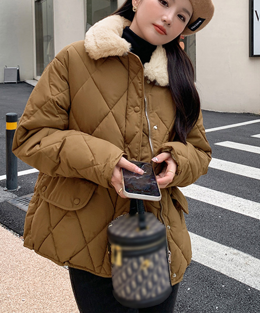 カットソー 長袖ボア襟中綿キルティングジャケット韓国風