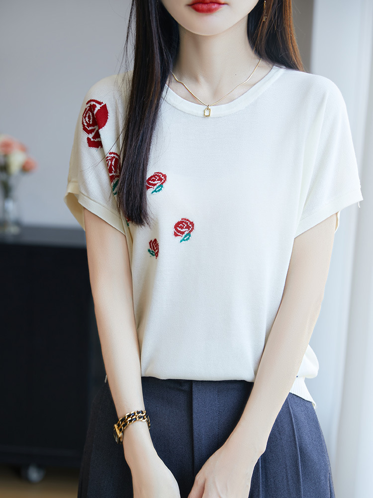 カットソー 薔薇刺繍デザイン上質カットソー