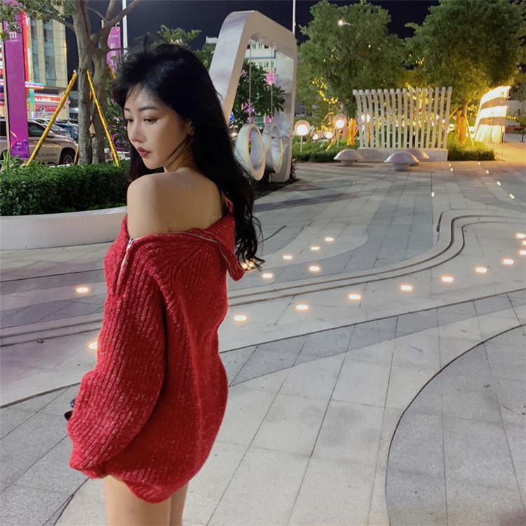 カットソー ボートネック編み込み長袖ワンピース赤色