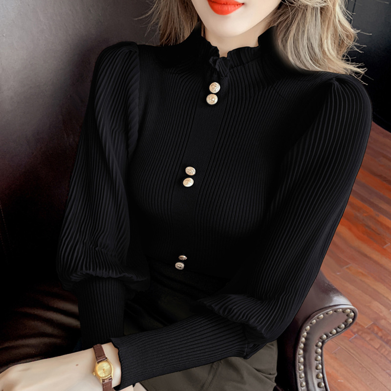 カットソー レディース ハイネック リブニット 金ボタン付き 長袖セーター