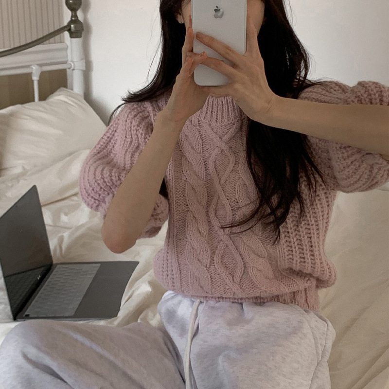 カットソー ケーブル編み半袖ニットセーター ざっくり編み秋冬新作