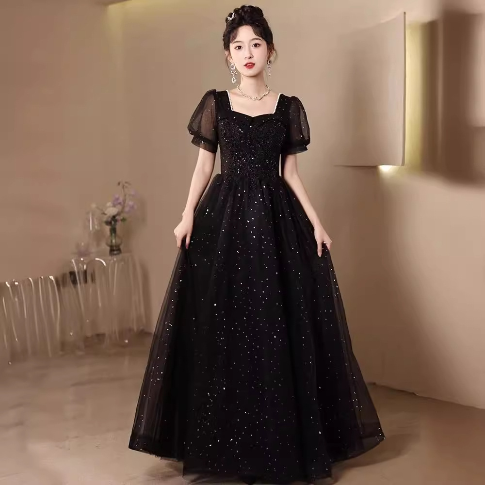 ダンス衣装 星空きらめくパフスリーブロングドレス