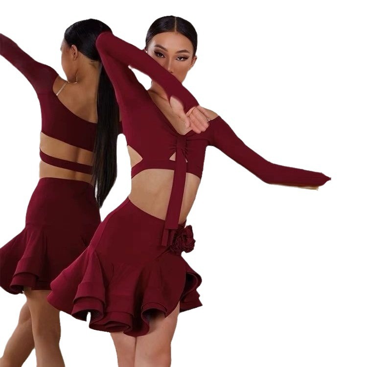 ダンス衣装 オフショルダーリボン付き多段フリルラテンダンスセット