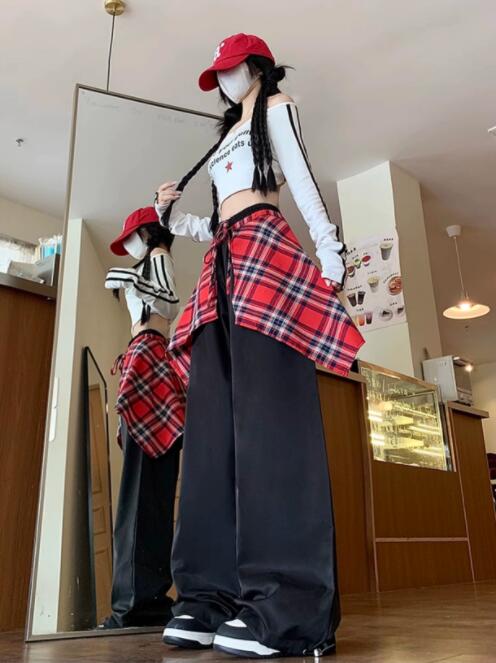 ロック風チェック柄ワイドパンツ キッズダンス衣装