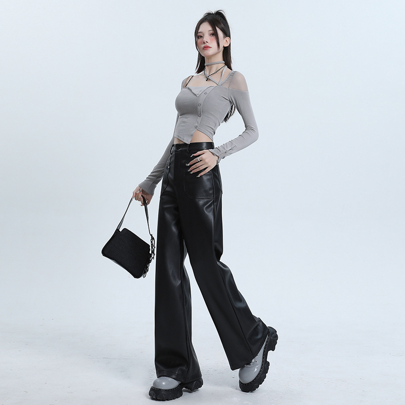 ダンス衣装 合成皮革ワイドパンツとへそ出しトップスセット