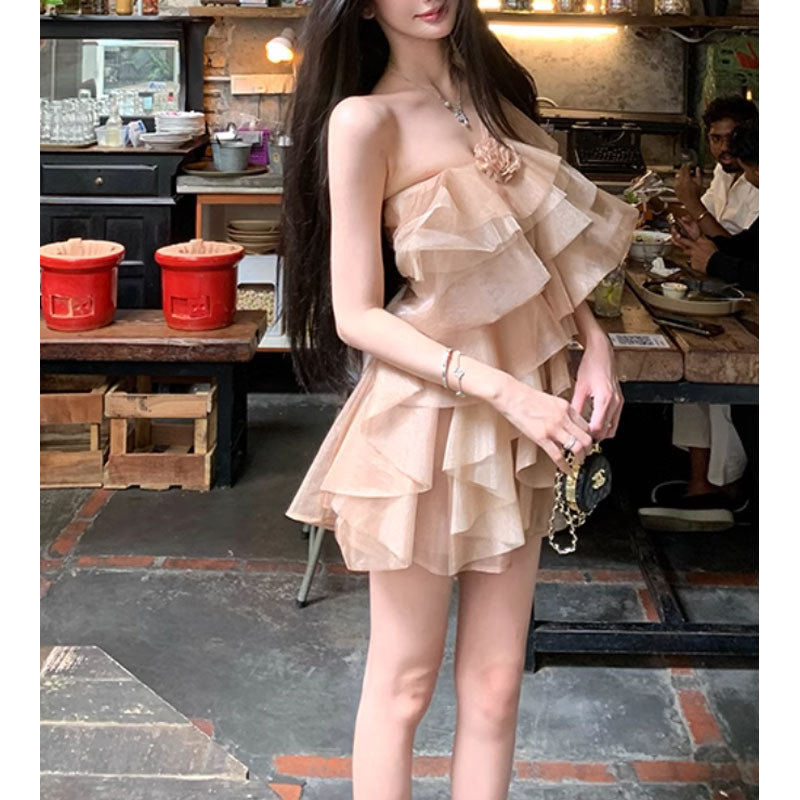 ダンス衣装 華やかフリル重ねオフショルダーミニ丈ドレス