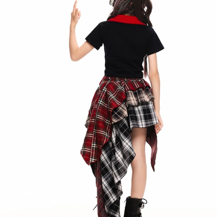 ダンス衣装 非対称チェック柄スカートセット