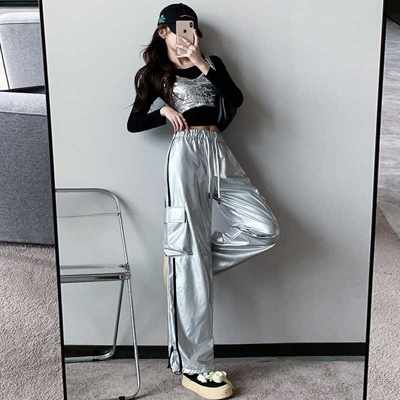 ダンス衣装 メタリック光沢カーゴパンツ×ショート丈トップスセット