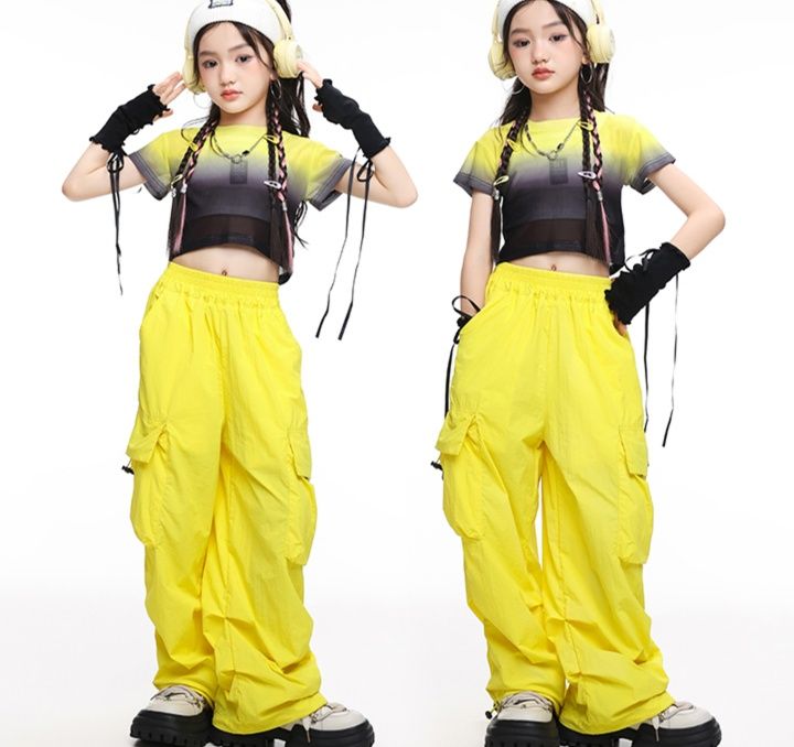 ダンス衣装 韓国風グラデーション半袖トップス＆ワイドカーゴパンツセット