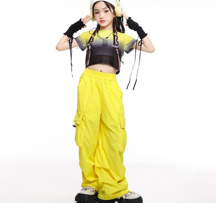 ダンス衣装 韓国風グラデーション半袖トップス＆ワイドカーゴパンツセット