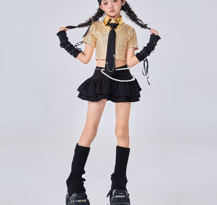 ダンス衣装 スパンコール装飾ショート丈トップス付きティアードスカートセット
