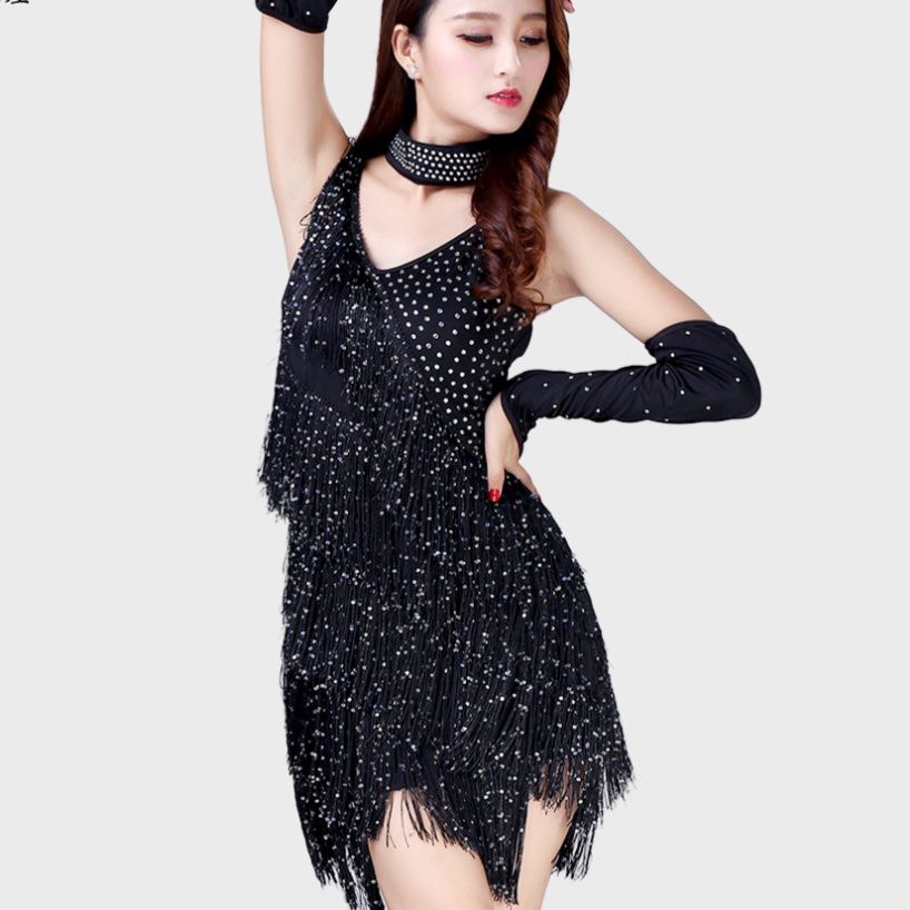 ダンス衣装 きらめく水玉模様フリンジ付き社交ダンスドレス