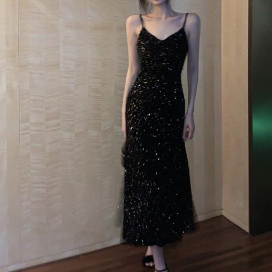 ダンス衣装社交 スパンコール輝く細身キャミソールワンピース