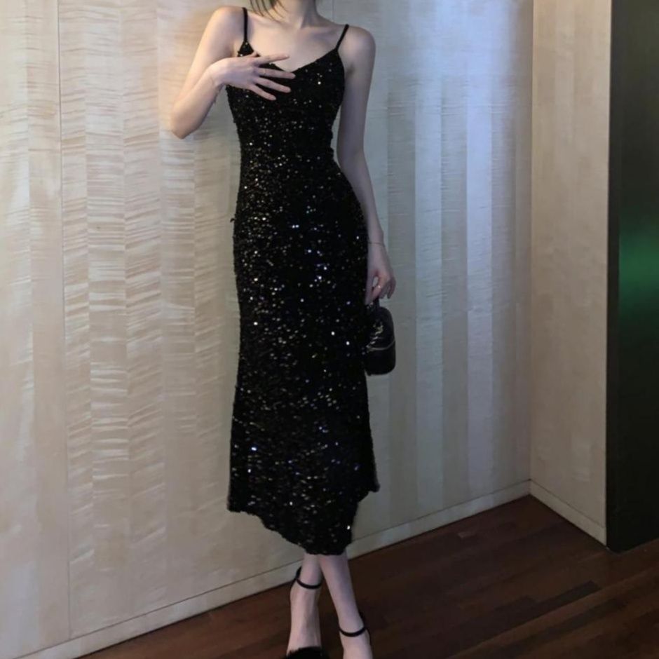 ダンス衣装社交 スパンコール輝く細身キャミソールワンピース