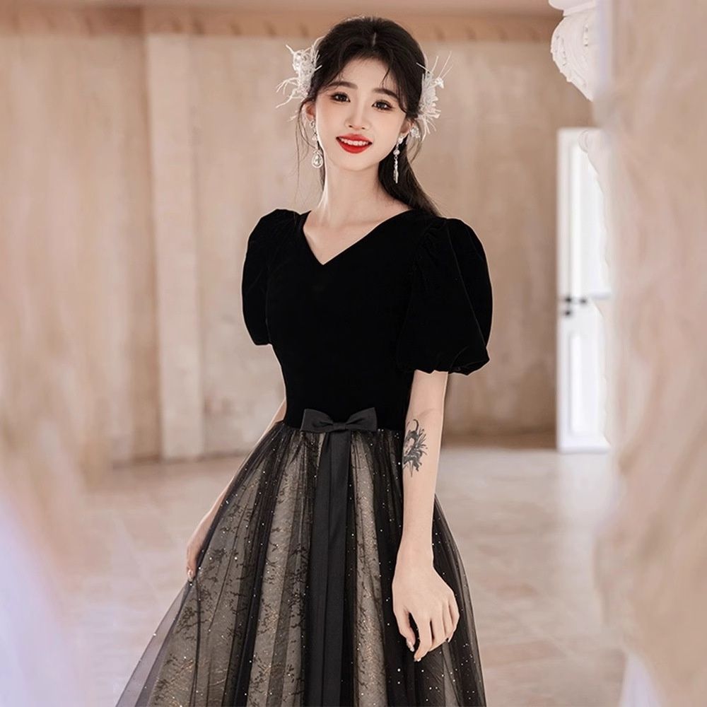 ダンス衣装 ベルベットパフスリーブチュールロングドレス