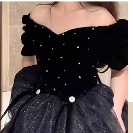 ダンス衣装 煌めきパールオフショルダープリンセスロングドレス