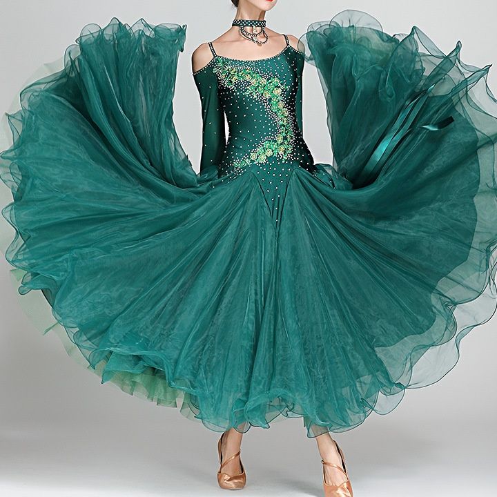 ダンス衣装 豪華ビジュー装飾オフショルダー社交ダンスドレス